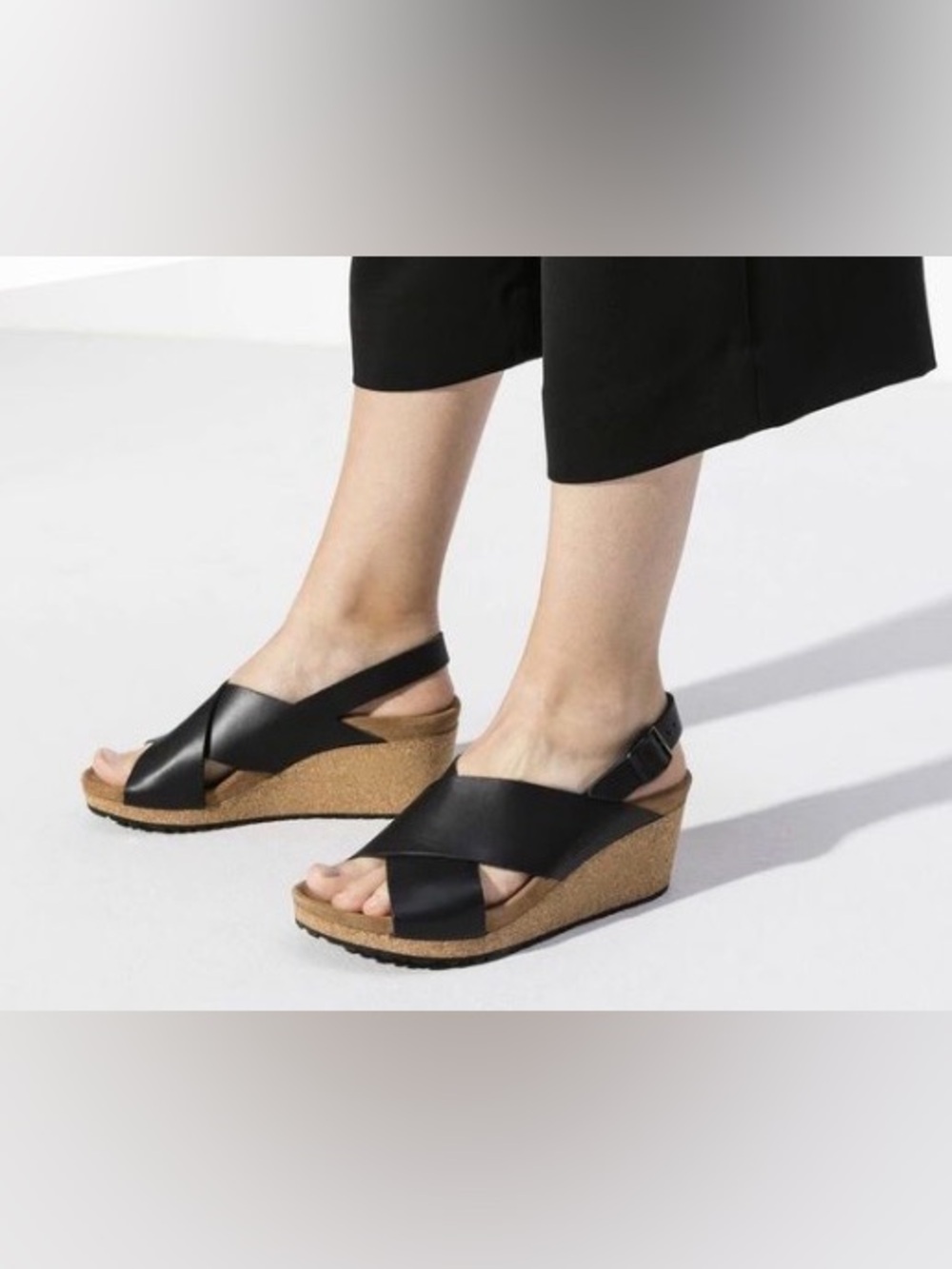 Papillio Women's Black Crisscross Leather Wedge Sandals
